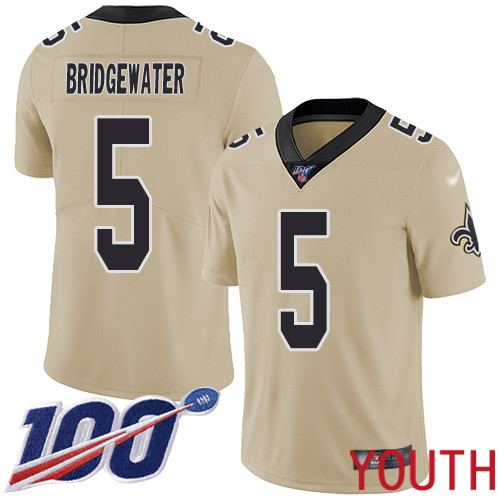 New Orleans Saints Limited Gold Youth Teddy Bridgewater Jersey NFL Football #5 100th Season Inverted Legend Jersey